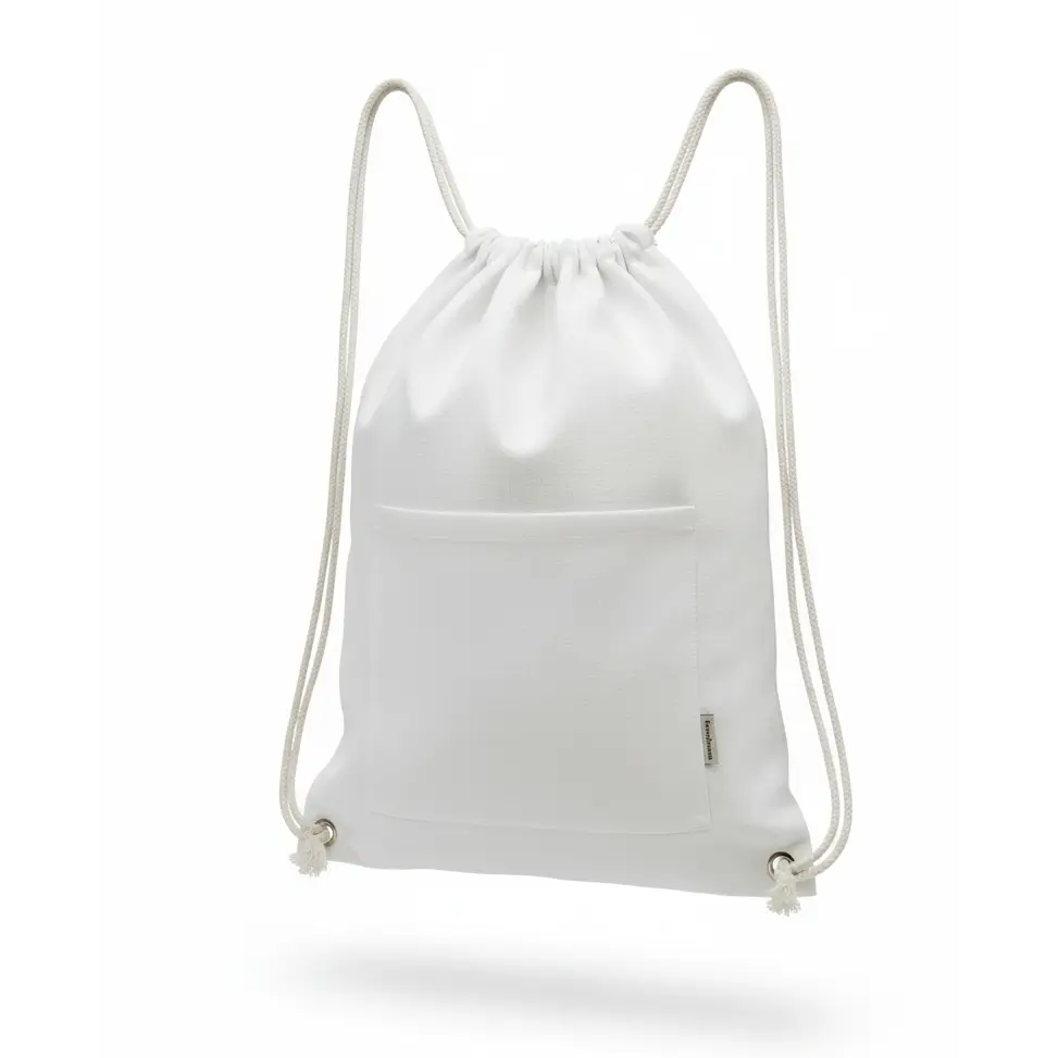 White Lanai hemp drawstring backpack with front pocket and rope straps