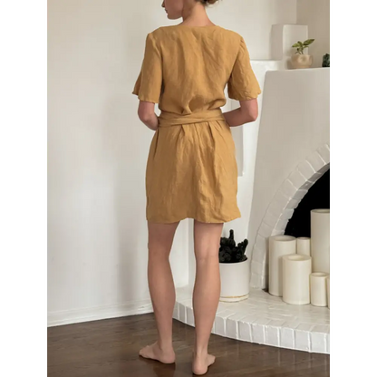 Hemp Linen pale ochre midi wrap dress - Hemp Horizon