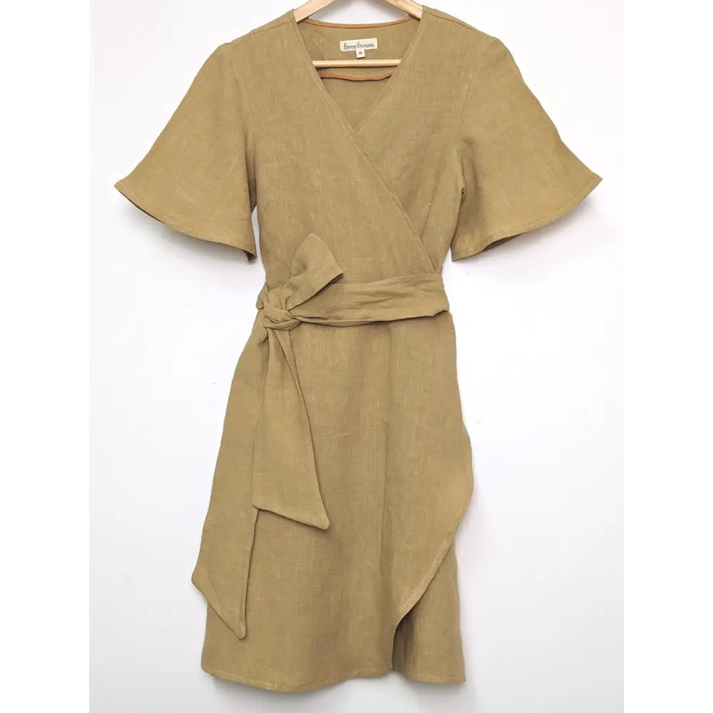 Hemp linen mini wrap dress with butterfly sleeves - Hemp Horizon