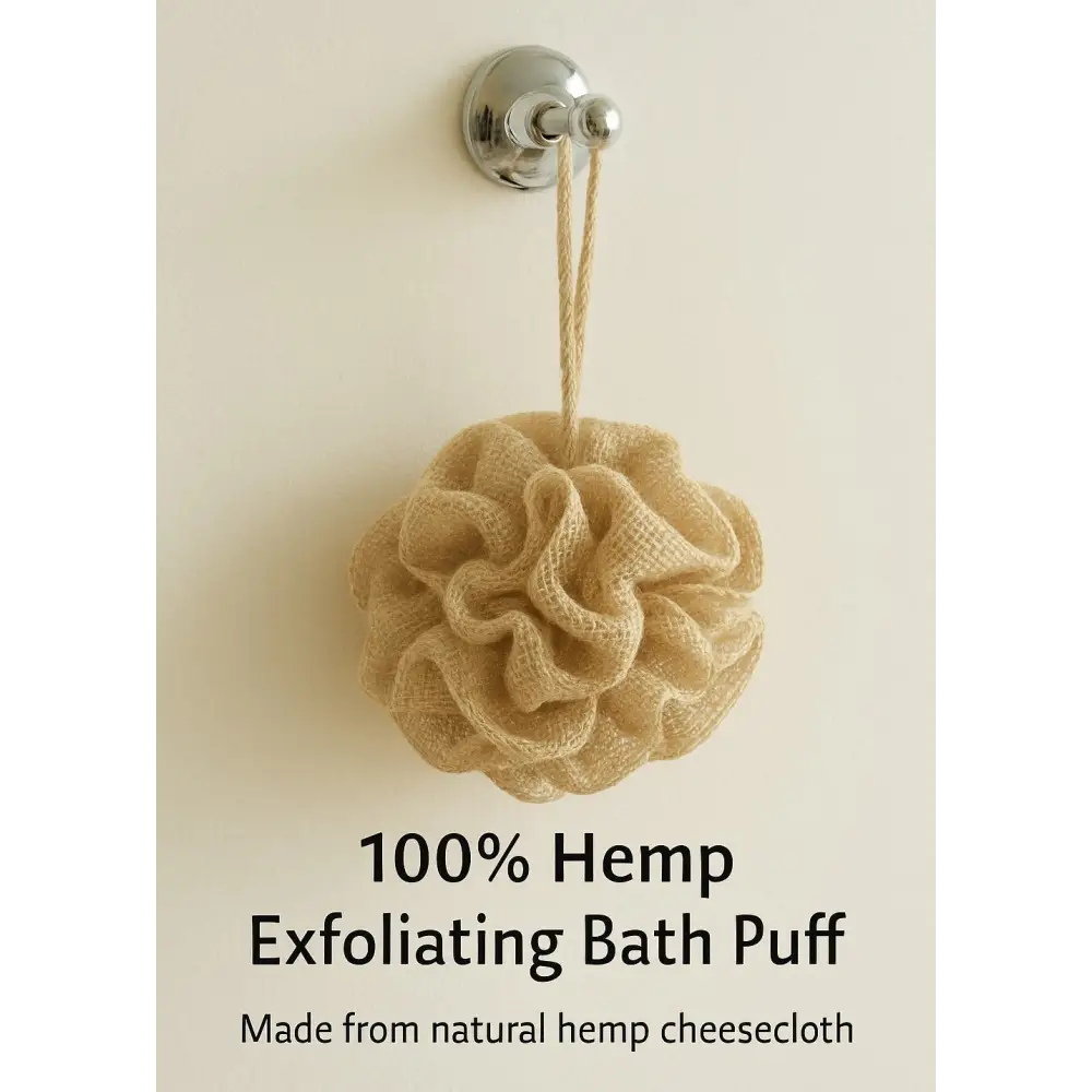 100% Hemp Exfoliating Bath Puff hanging on a hook with text about material and origin.