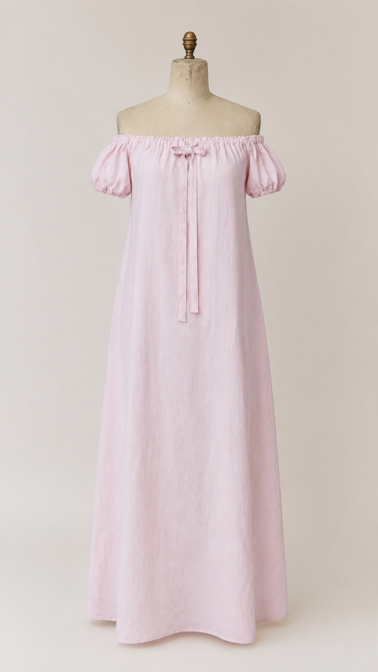 Pink off-shoulder Hemp dress on a mannequin against a white back ground - Hemp Horizon