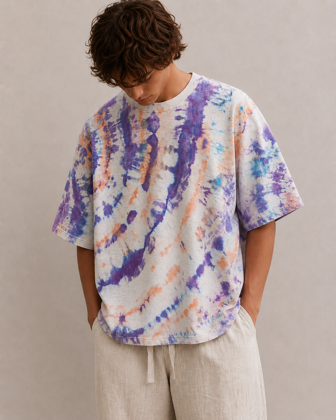 A man wearing a short-sleeve crewneck t-shirt with a purple, orange, and blue tie-dye pattern on a white base, paired with light beige hemp pants, set against a plain beige studio background. Hemp Horizon