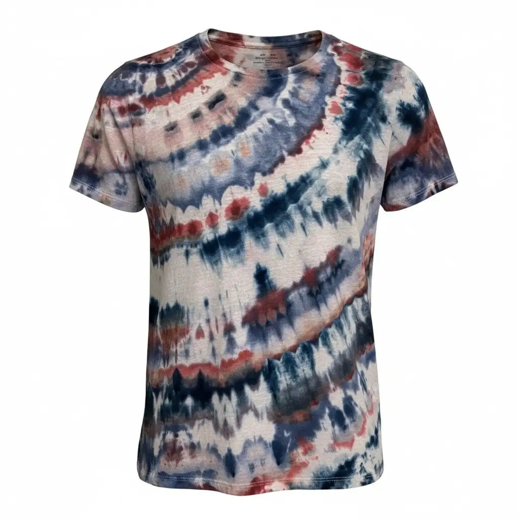 A short-sleeved t-shirt with a vibrant tie-dye pattern in shades of navy blue, red, and cream