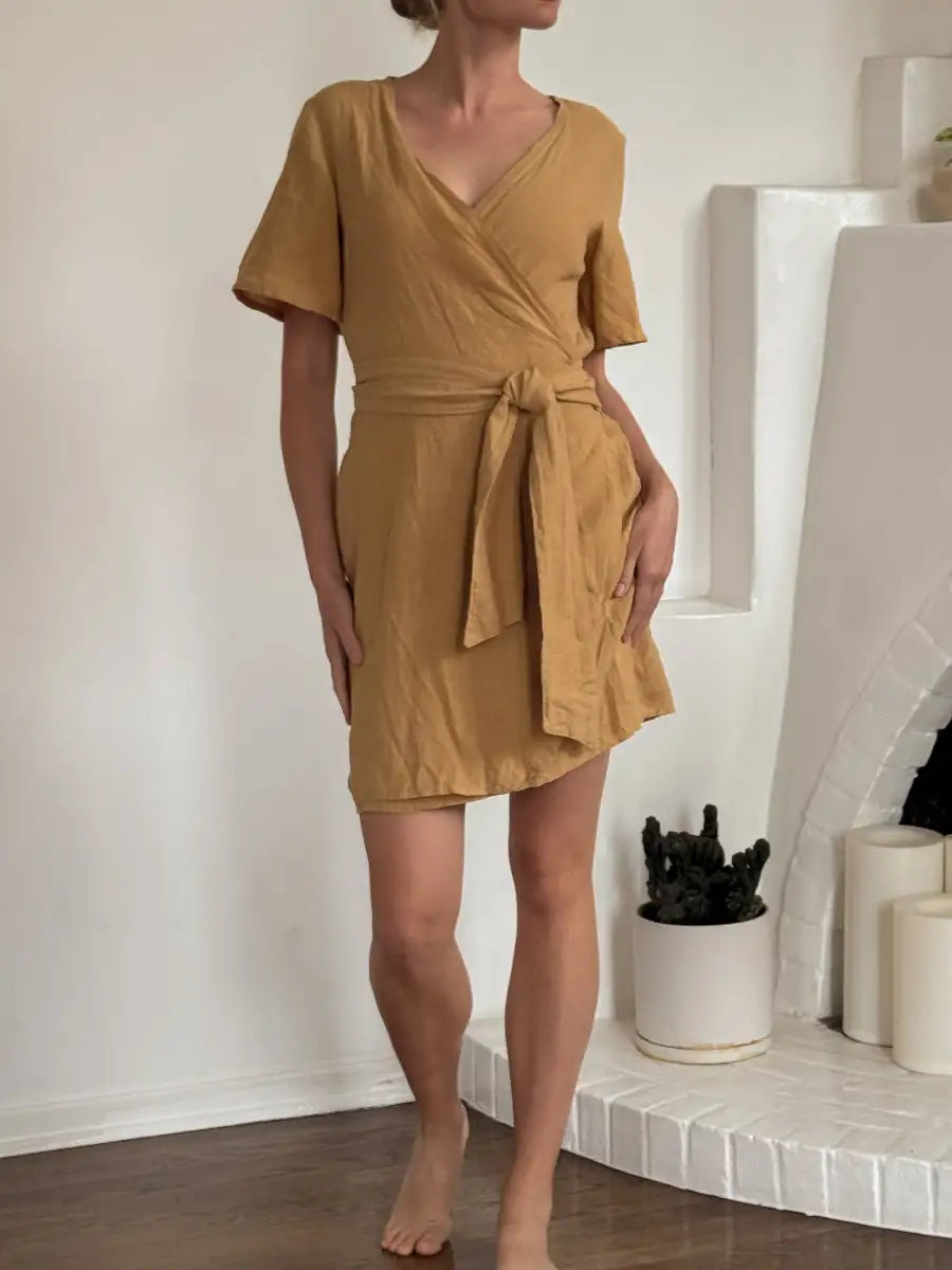Hemp Linen ochre midi wrap dress - Hemp Horizon
