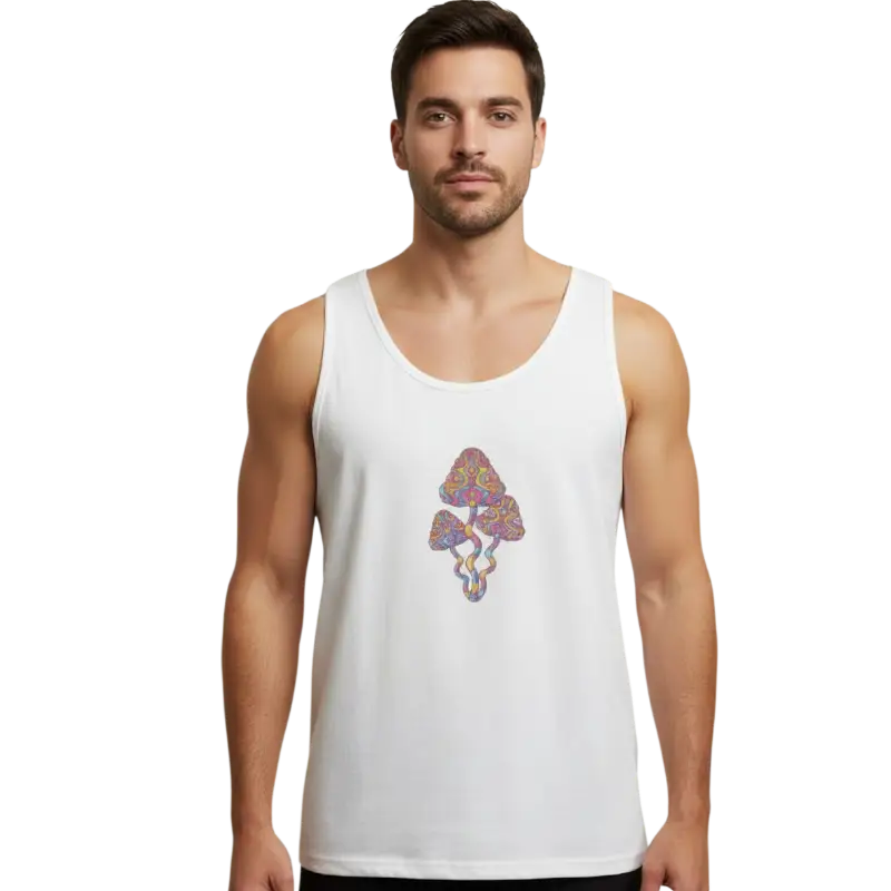 Sustainable men’s white tank top with colorful psychedelic mushroom print