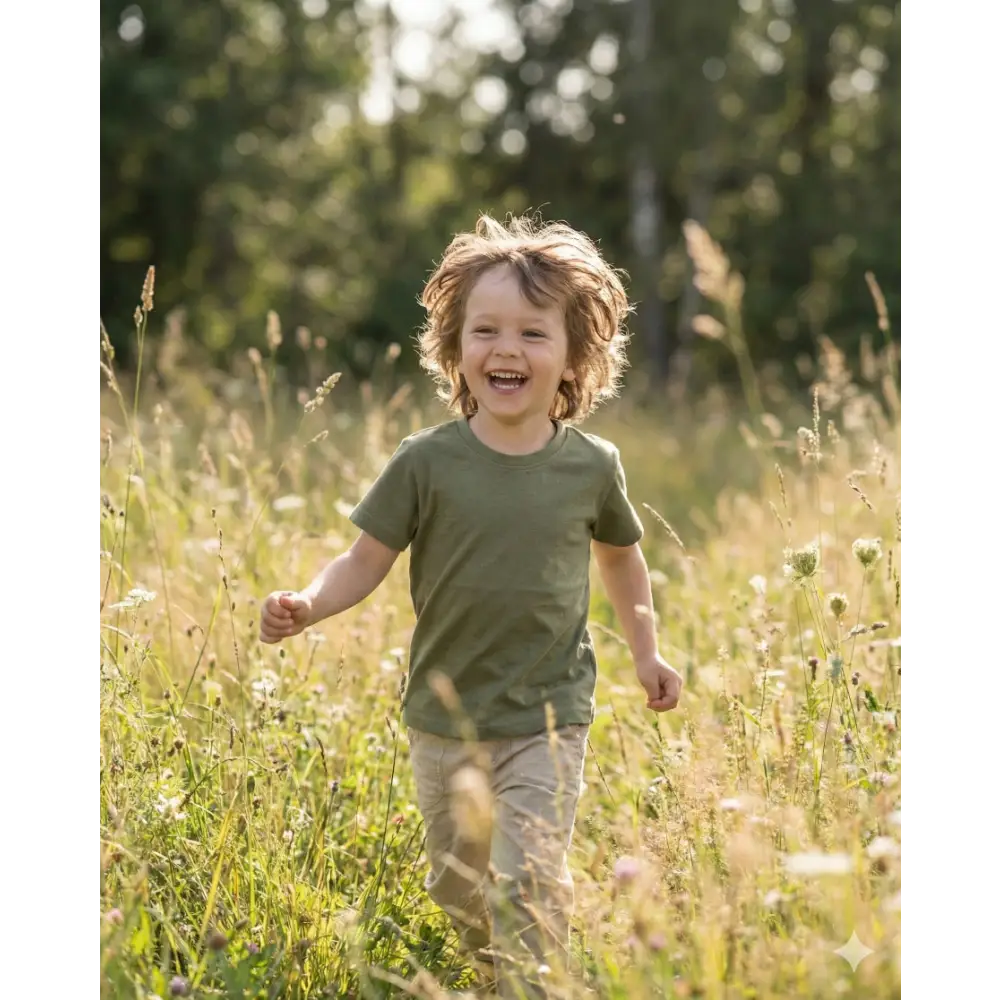Child running through a field of tall grass with trees in the background- Hemp Horizon