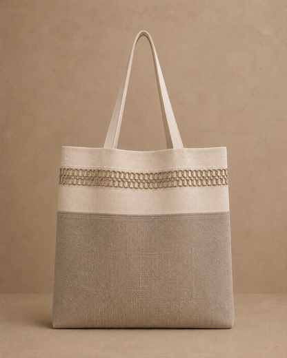 Atwo tone tote bag made of natural beige hemp fabric, featuring a cream-colored top band with a woven chain-like pattern and two long shoulder straps, set against a matching beige textured background.