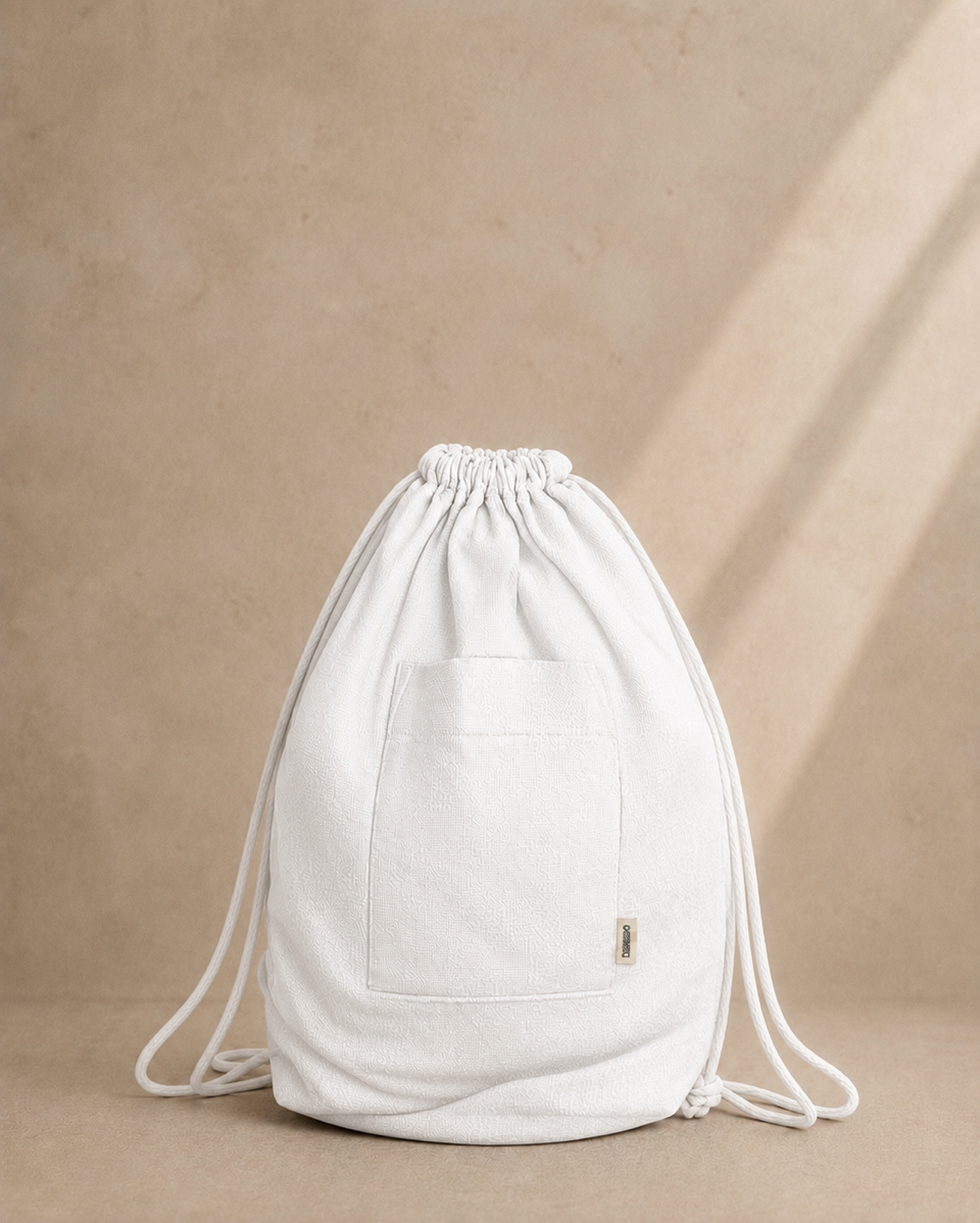 Artic hemp drawstring bag with pockets.