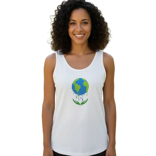 Woman wearing a white tank top with a graphic design on a white -Hemp Horizonbackground